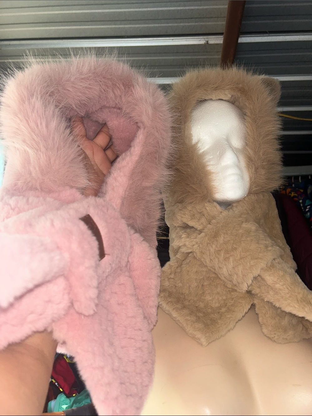 Plush Faux Fur Hooded Scarf for Women - Pink and Tan